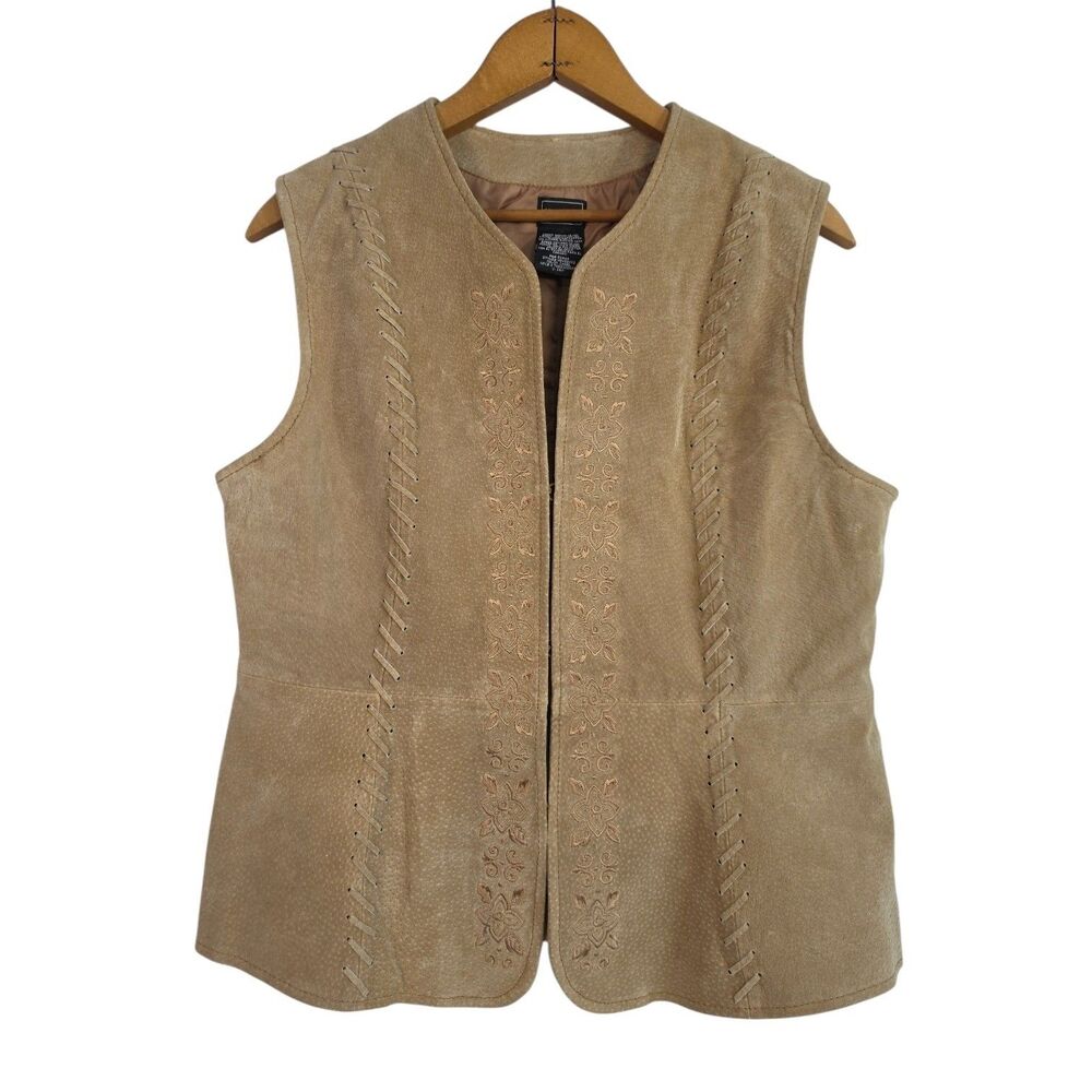 Outbrook Embroidered Leather Vest Womens Medium 8 / 10 Tan Suede